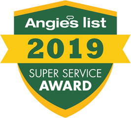A green and yellow badge with the words " angie 's list 2 0 1 9 super service award ".